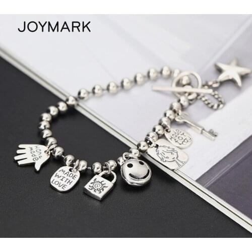 16.5cm 925 Sterling Silver Beaded Bracelet For Girls Genuine Silver Key Lock Smile Face Charm Bracelet Gift For Girlfriend