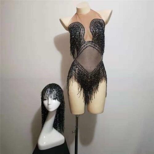 E39 Nude female ballroom dance pole costumes singer wears black bodysuit dj Rhinestone jumpsuit bar sexy outfits singer dress ds