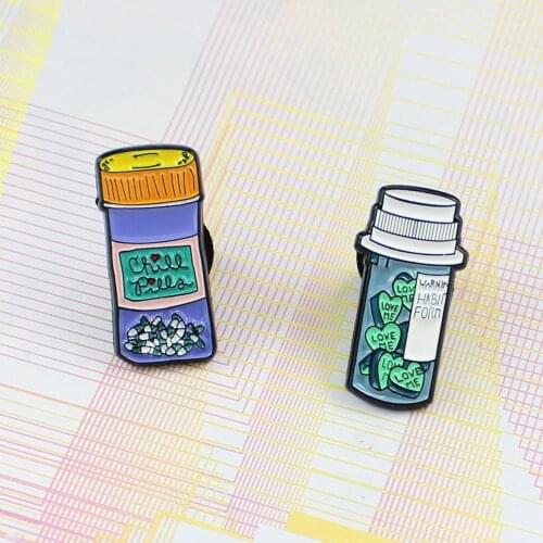 Bottle Series Brooches LOVE ME CHILL Pill Bottle Enamel Pins Brooch Drift Bottle Shirt Badge Brooches Gifts For Friends