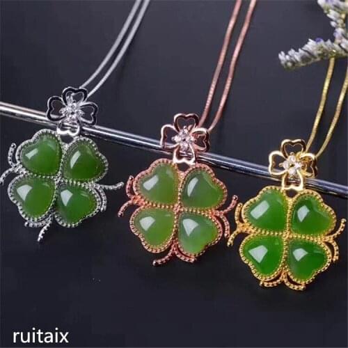 KJJEAXCMY boutique jewels S925 Pure silver inlay natural jade female style pendant + necklace four-leaf grass jewelry micro-inl