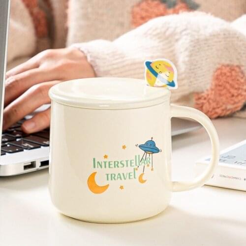 350ml Modern Fashion Space Planet Coffee Mugs with Lid Spoon Couple Milk Ceramic Mug Student Juice Cup