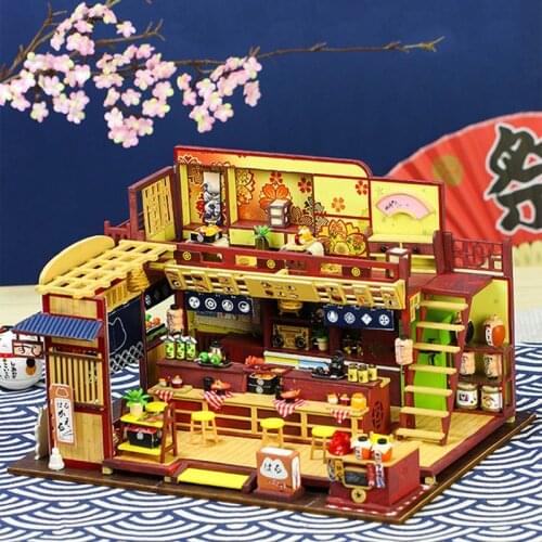 New DIY Wooden Dollhouse Miniature With Furniture Kits Japanese Sushi Shop Model Doll House Assemble Toys for Children Gift Casa