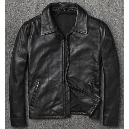 Retro Genuine Leather Jacket Coat Vintage 100% Sheepskin Suede Real Black Moto chaqueta cuero hombre Mens clothing Plus Size