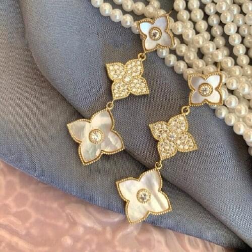 New Korean Fashion Four-leaf Clover White Shell Mother of Pearl MOP Zircon Earrings Long Tassel Temperament Ladies Jewelry