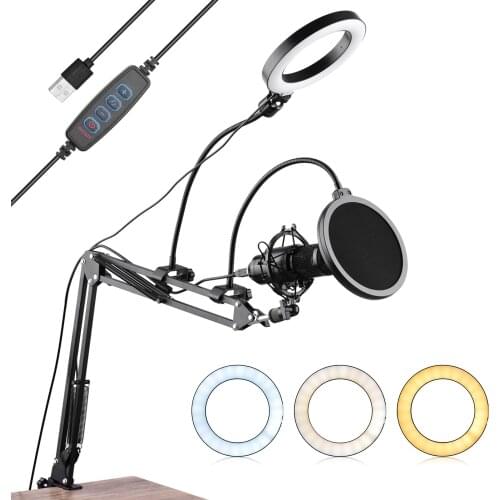 6.3inch/16cm Video Microphone Ring Light Kit with Pop Filter Articulating Arm Ball Head Light Stand Micropone Shock Mount