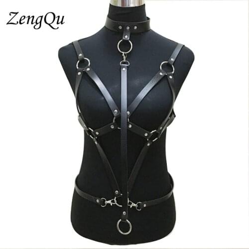 New Handmade Black Faux leather material harness Sexy waist belt punk O-ring suspenders belt for Women