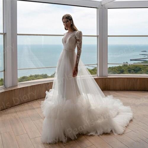 Robe De Mariage Long Sleeves Mermaid Wedding Dresses With Detachable Ruffles Tulle Skirt Bride Dress Lace Applique Bridal Gowns