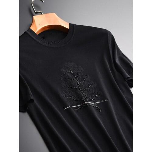 Handmade Beaded Mens Plus Size 4xl Luxury Knitted Embroidery Man Slim Fit Round Collar Male T-shirts