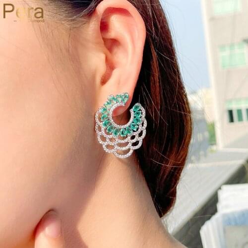 Pera Symmetrical Design Blue White Cubic Zirconia Engagement Jewelry Big Spray Flower Charm Dangle Drop Earrings for Women E802