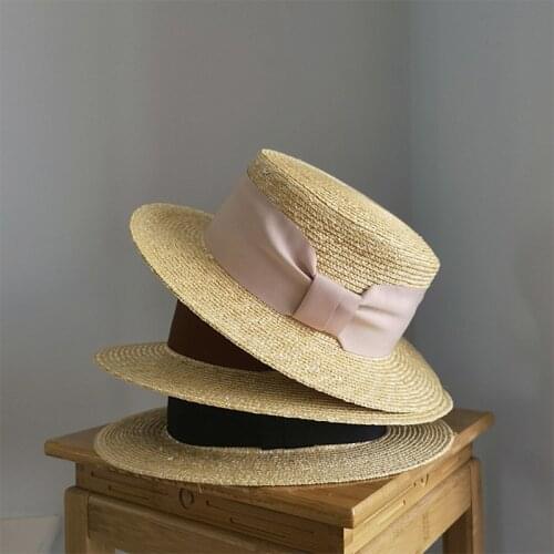 Casual Womens Summer Hat Bow Ribbon Decoration Sun Protection Cap Female Flat Top Wide Brim Hat Beach Hat Straw Hat Sun Hats