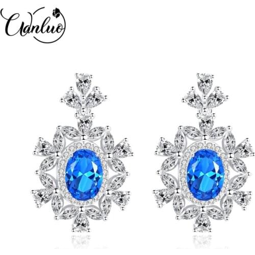 WANLUO Luxury High Quality Big Sapphire Brilliant Drop Earring for Women 2 Colors Oval Topaz Wedding Earrings Silver 925 Jewelry