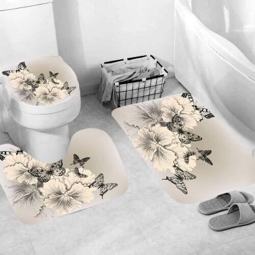 Black Butterfly Shower Curtain Fashion Bathroom Set Fashion Pattern Bath Curtains Non Slip Toilet Cover Floor And Mat Rug Sets