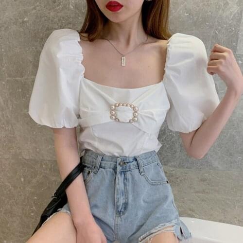 Sexy Solid Color White Puff Sleeve Korean Fashion Summer WomenS Clothing Vintage Short Sleeved Shirts Blouses Top 2021