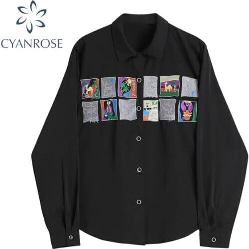 Women Blouses Turn-down Collar Autumn Shirts Long Sleeve Loose Casual Black Vintage Harajuku Female Cardigan Women Tops Shirt