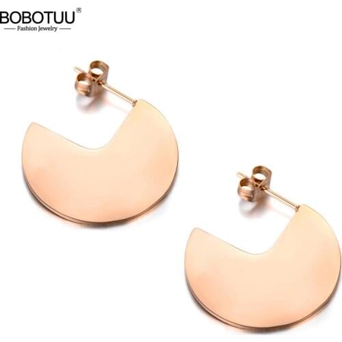BOBOTUU Hyperbole Glossy Disc Stainless Steel Jewelry Bohemia Geometry Round Stud Earrings For Women Girls Party Gift BE18070