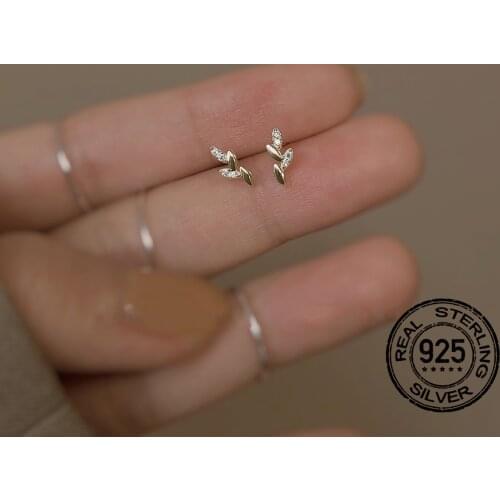 S925 Silver Earrings For Women Gold Zircon Crystal Ivy Leaf Mini Creative Retro Fashion Punk Design Lady Wedding Jewelry INEFFA