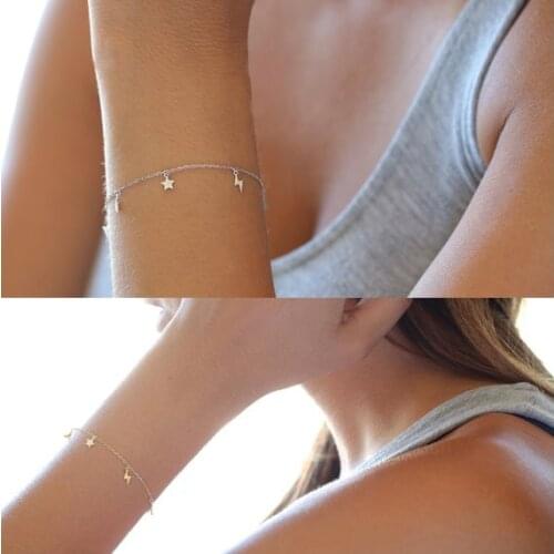 100% 925 sterling silver tiny cute moon star lightning charms bracelet for women girl minimal delicate gold silver color jewelry