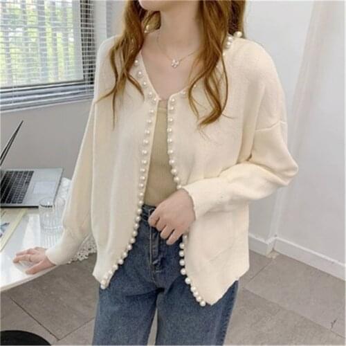 Pearls Knitted Cardigan for Women 2021 Autumn Winter Korean Cute Casual Solid Long Sleeve Sweater Female Clothing Coat PZ3822