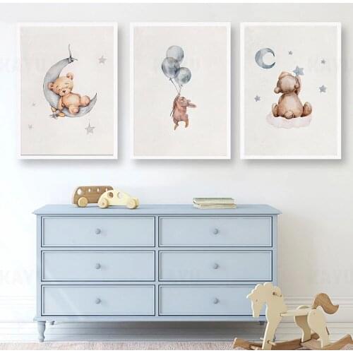Star And Moon Sleeping Bear Canvas Art Poster Bunny Rabbit Print Nursery Decor Painting Nordic Posters Picture Baby Kids Room