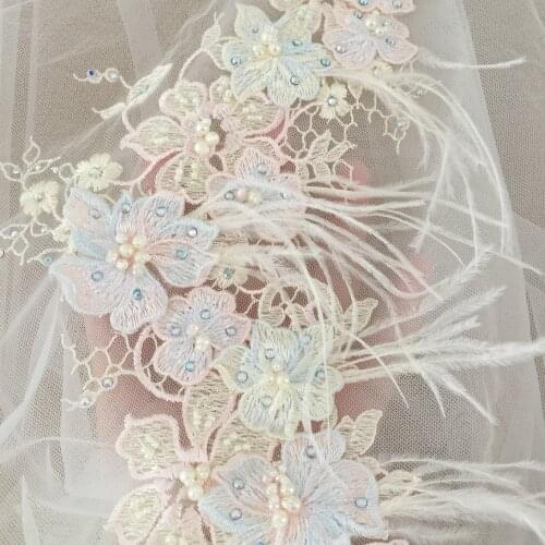 1 Yard Pastel 3D Pearl Beaded Lace Trim with OSTRICH Feather Sequin Applique Fabric for Prom Dress Couture Gowns
