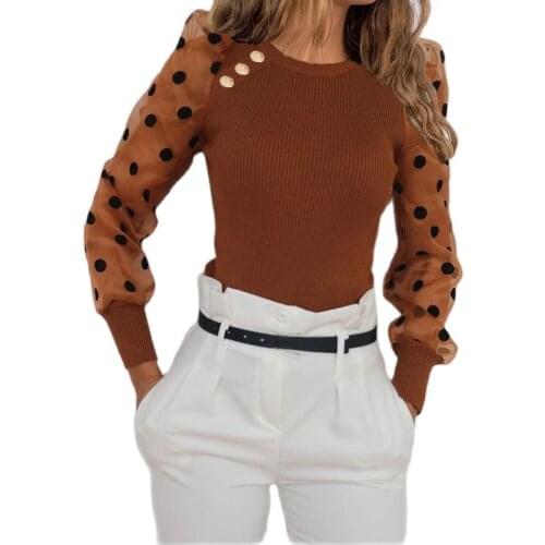 2021 Fashion Knitted Polka Dot Puff Long Sleeve Blouse Women Mesh Sheer See-through Shirt Elegant Ladies Slim Tops Blusa Femme