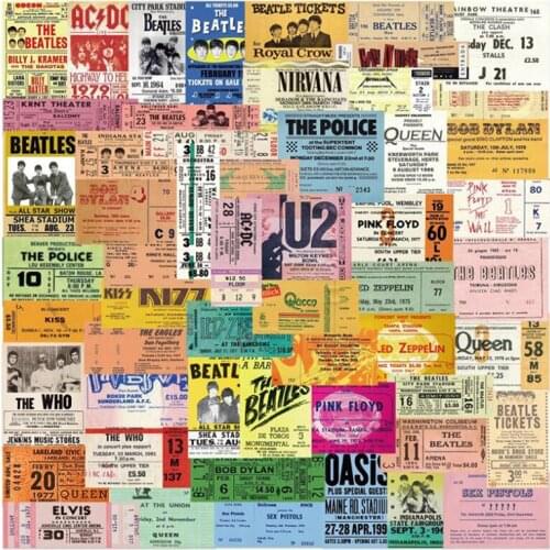 55Pcs Retro Airline Boarding Pass Ticket Music Rock Band Stamp Stickers Car Suitcase Helmet Skateboard Scrapbooking Sticker