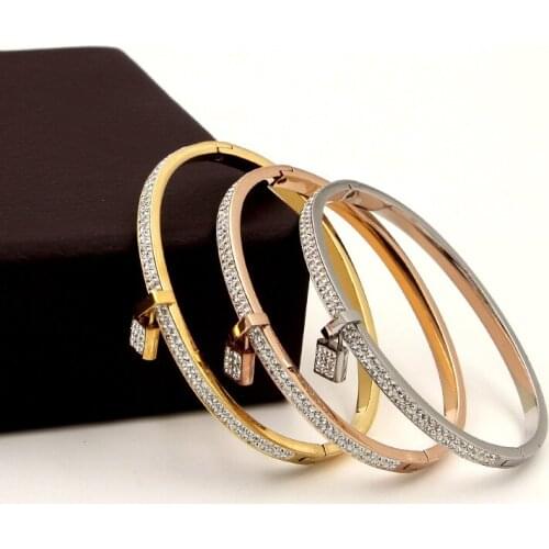 Fashion Stainless Steel Better Full Crystal Lock Buckle Bangle Bracelet Rose Gold Color Female Woman Party Gift