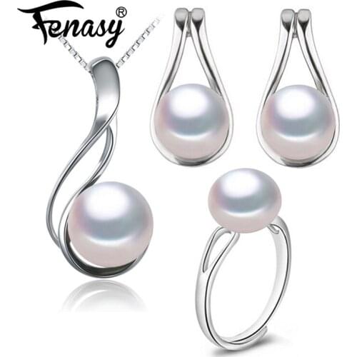 FENASY 925 Sterling Silver Jewelry Sets Natural Pearl Stud Earrings Trendy Party Pendant Chain Necklaces For Women Ring Set