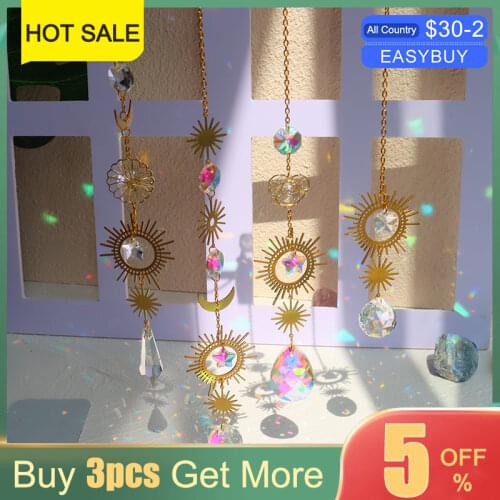 Crystal Windchimes Star Moon Pendant Handmade Sun Shine Light Catcher Handmade Garden Window Wedding Curtain Chandelier Decor