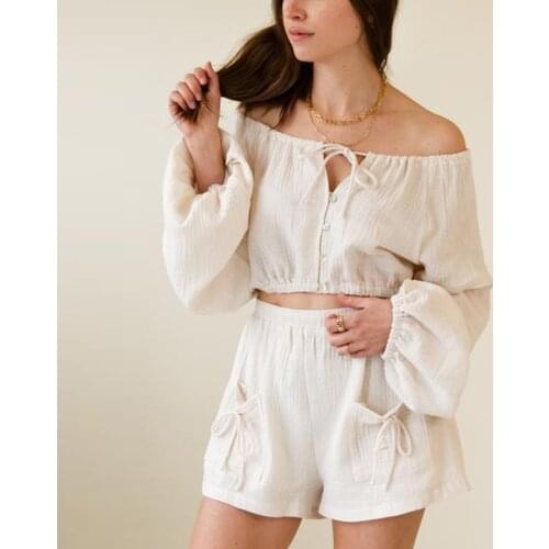 Solid Off Shoulder Crop Tops Shorts Women Sets Batwing Sleeve Lace Up High Waist Suits Female 2021 Summer Casual Lady Home Set