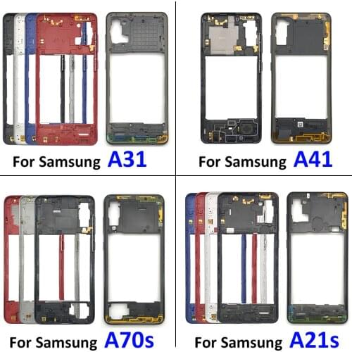 For Samsung A21S A31 A41 A70S Housing Middle Plate Bezel + Side Power On Off Key Button + Rear Back Battery Cover With Logo