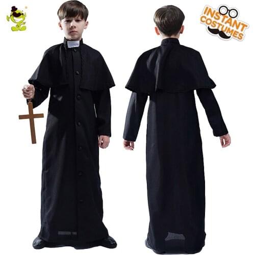 Boys Priest Robe Costume Halloween Cosplay Career Priest Black Robe Carnival Role Play Kids Costumes Fancy Dress