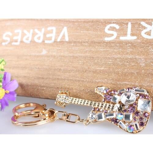 Lovely Guitar Fashion Crystal Rhinestone Charm Pendant Purse Bag Car Key Ring Chain Creative Wedding Party Christmas Gift