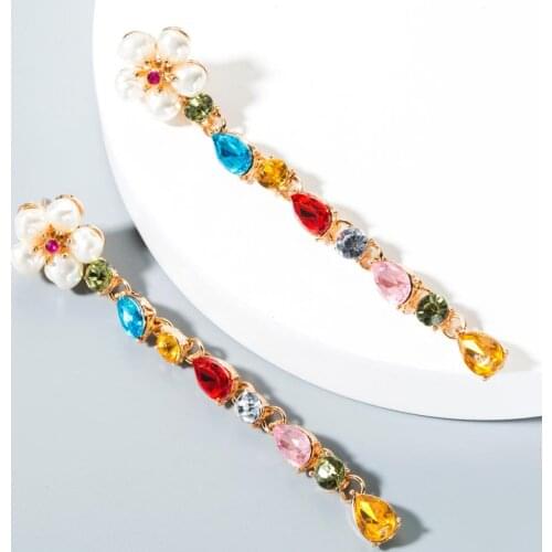 Colorful Flower Tassel Earrings Long Crystal Earrings Gift For Lady Elegant Imitation Pearls Earrings Rhinestone Jewelry