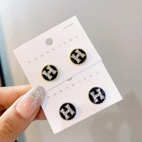 Letter H Beaded Micro Sparkling Zircon Black Agate Round Stud Earrings Gold / Silver Two Colors Available
