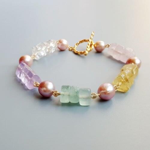 Lii Ji Geniune Amethyst CItrine Freshwater Pearl Fluorite Rose Quartz S925 Sterling Silver 18K Gold Plated Handmade Bracelet