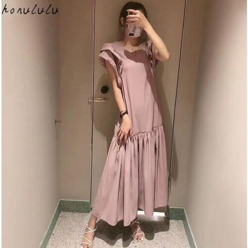 2021 summer new product Japanese retro solid color sweet flying sleeves halter lace dress female