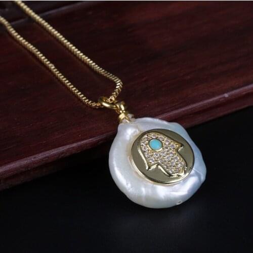 White blue cz hand hamsa charm natural coin freshwater pearl bead chic gold link chain pendant choker necklace for women daily