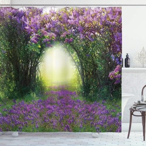 Garden Shower Curtain Magic Misty Forest View Spring Blossoms Bushes Greenery Grasses Sun Rays Bathroom Decor Set with Hooks 75"