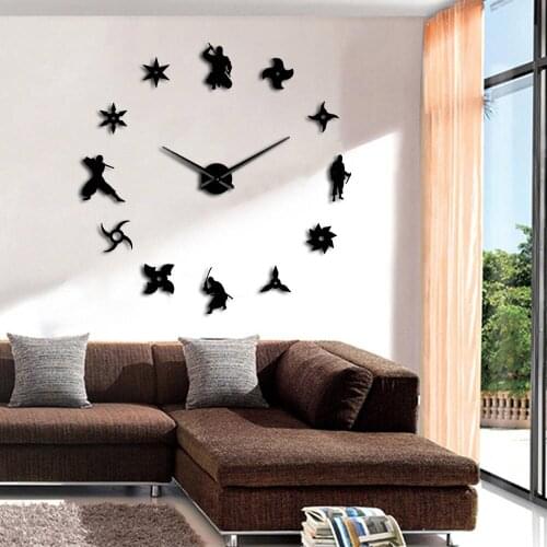 Shinobi Japon Ninja DIY Silent Giant Wall Clock Japanese Fighters Warriors With Throwing Stars Frameless Big Time Clock Watch