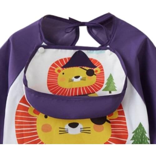 Cartoon Waterproof Long Sleeve Lion Puppy Pattern Baby Feeding Bib Drawing Apron