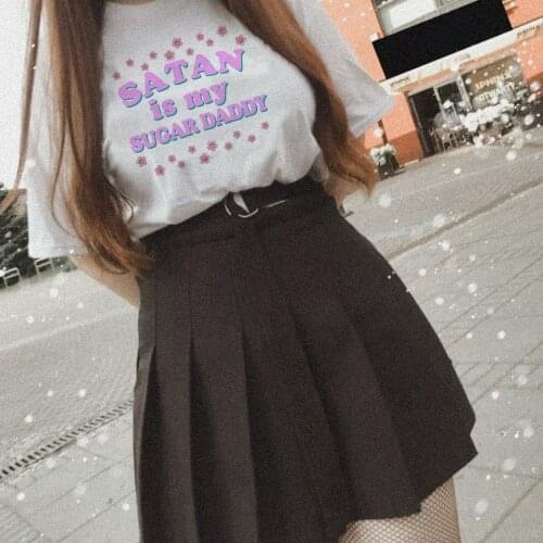 Harajuku Women T-shirt Satan Is My Sugar Daddy Aesthetic Pink Letter Print Kawaii Tops Cute Ulzzang Harajuku Casual Chic Tshirt