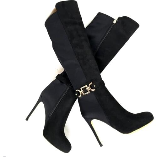 Womens Shoes Round Toe High Heels Knee Boots Thin Platform Full Zipper Patchwork Black Ankle Chain Decorated