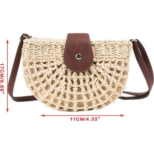 Women Woven Straw Crossbody Bag with Adjustable Faux Leather Strap Imitation Rattan Semicircle Clutch Shoulder Handbag