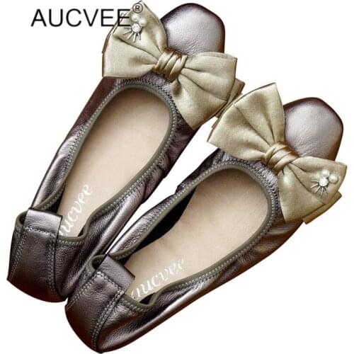 Fashion Bow Round Toe Slip-on Ballerinas Flats Genuine Cow Leather Women Casual Flat Shoes Big Size 35-43 Comfort Mother Shoes