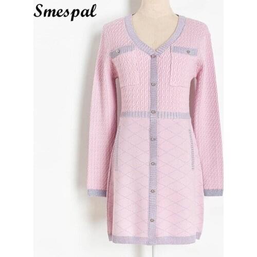 Women Autumn Winter Dresses Double Pockets Plaid Knitted Dresses In Solid Color