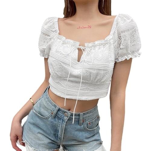 Women Tie Up Crop Tops, Casual Short Puff Sleeve Solid Color Lace Slim Fit T-Shirts