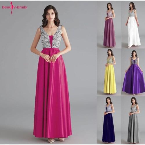 Beauty Emily 2019 V Neck Beads Sleeveless Bridesmaid Dresses Long Customized Open Back Wedding Party Dress Vestido dama de honor