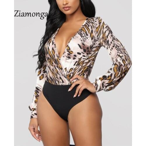 Ziamonga 2019 Autumn Women Bodysuit Sexy Club Winter Casual Party Long Sleeve Bodycon Sheath Leopard Print Bodysuit Women Female