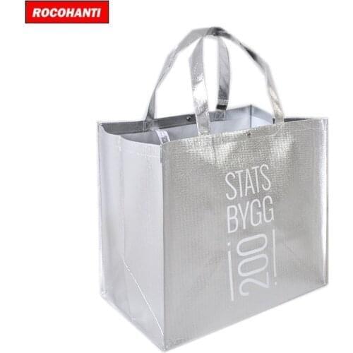 100X Custom Silver Metallic Laminated Non Woven Tote Shopping Bag with LOGO Printed Large Capacity For Big Clothes Coats
